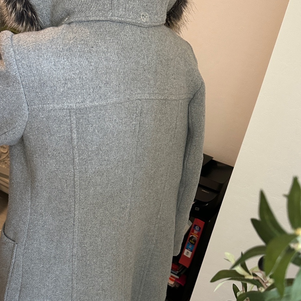 London Fog Women's Gray Hooded Trench Coat with Faux Fur Trim - Picture 5 of 6